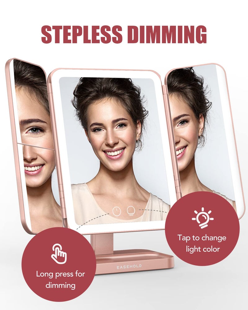 EASEHOLD Rechargable Makeup Mirror Vanity Mirror with Lights, 5000Mah & USB Cable, 112 LEDs Lighted Trifold Mirror with 1X 2X 3X 10X Magnification, Smart Touch, Portable Cosmetic Beauty Mirror - Image 5